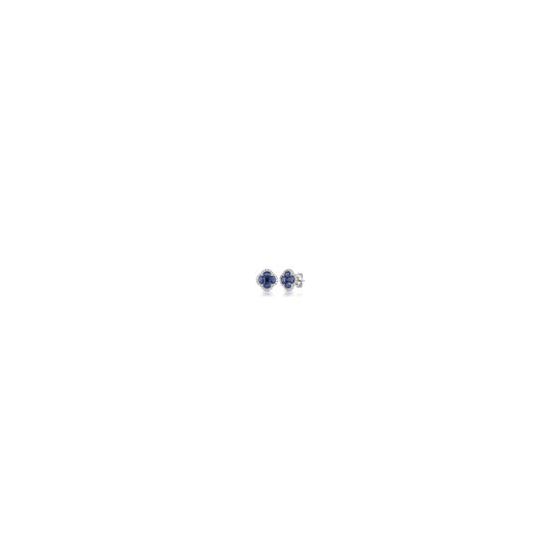 Exude royalty with these 14k white gold diamond and sapphire stud earrings. Features an array of 0.24twt round-cut diamonds. Diamonds surround a sapphire clover design (4x2mm and 2x2mm blue sapphires). Secures closed with pushback closure. For pierced ear