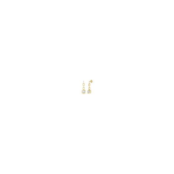 Step forward in fashion with these stunning 14k yellow gold aquamarine and diamond chain drop earrings, where retro-inspired links meet the sparkling elegance of diamond-encrusted bars. At the bottom of this exquisite pair dangles a dazzling baguette-cut 