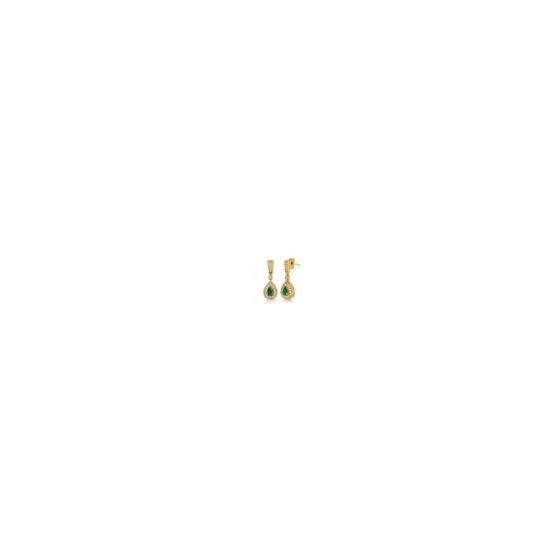 When you wear dazzling jewelry like this you are sure to stand out. Centerpiece 5x3 pear shaped emerald stone. Emerald stone is elegantly set in 14k yellow gold. The earring length is laid with .30twt round sparkling diamonds. Watch the earring hang refle