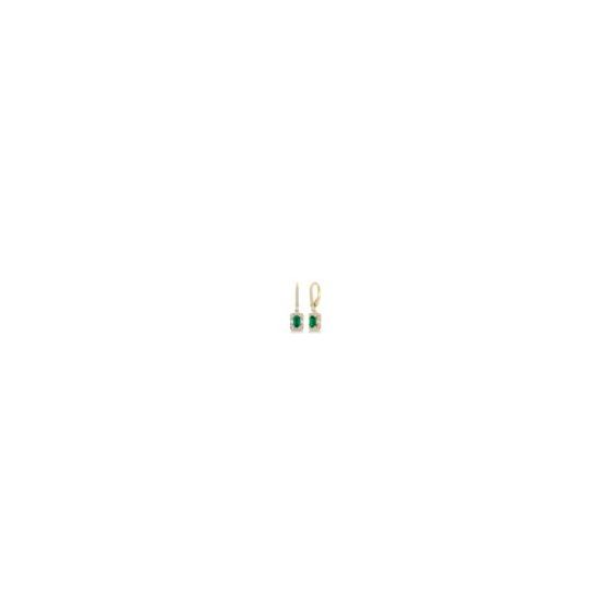 Opt for show-stopping elegance with these 14k yellow gold drop earrings boasting 5x3mm emerald-cut emeralds that flaunt a dramatic green hue. Framed by round and baguette-cut diamonds, perfectly pav and prong-set in shimmering gold, the eye-catching gleam