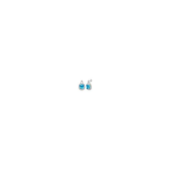 Radiant and refined, these sterling silver earrings showcase vibrant 8x8mm cushion-cut blue topaz stones, each framed by a delicate halo of sparkling round-cut diamonds (.02twt). The twisted rope detailing adds texture and artistry, while the rhodium fini