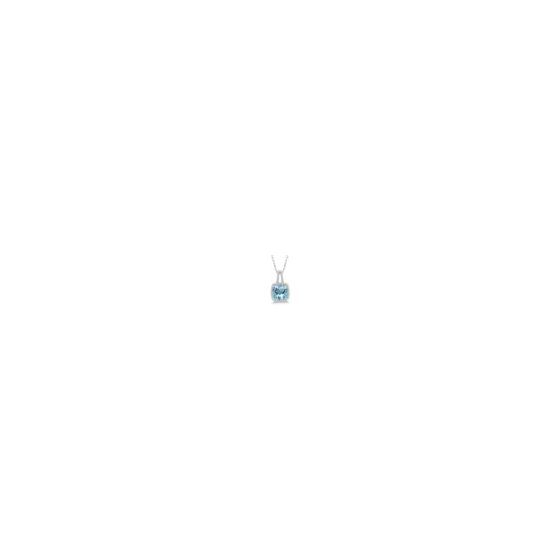 A luxurious classic with a subtle pop of color. Crafted in luminous 10k white gold, this sophisticated and beautiful aquamarine and diamond pendant necklace features a centrally staged cushion cut 8mm aquamarine gracefully complemented by .20twt round bri