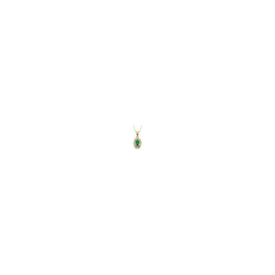 Beautiful addition to your personal jewelry selection. The classic green emerald stands out with sparkling diamonds. Stunning 5 x 3mm oval green emerald pendant. Emerald is encircled by .05twt round brilliant cut diamonds. Emerald and diamonds are set in 
