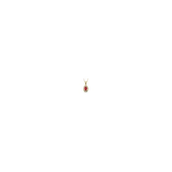 Make a royal statement with this striking pendant necklace that features a luxurious 5x3mm oval ruby surrounded by a halo of .05twt round brilliant-cut diamonds set in 14k yellow gold. The pendant is suspended from an 18