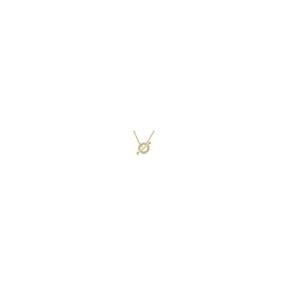 Crafted in luminous 10k yellow gold, this circle toggle diamond fashion necklace centers around a sleek, circular toggle clasp that doubles as a dazzling focal point - accented with a halo of brilliant round-cut diamonds (0.13twt diamonds).The polished ba