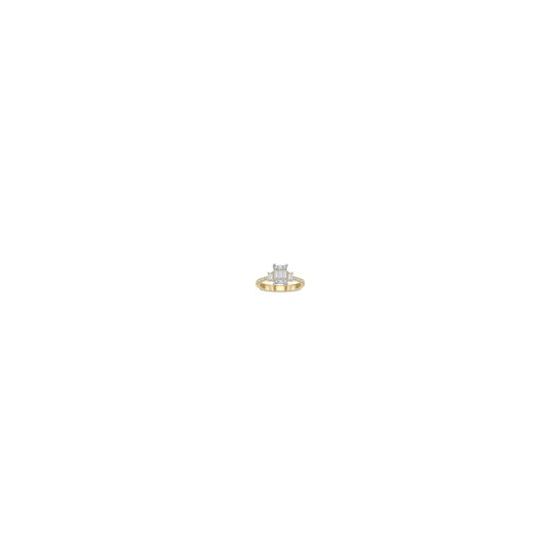 Substantial, sophisticated and scintillating, this 14k yellow gold fusion diamond fashion ring is a must-have. This illusion setting is made by expertly selecting different sized round and baguette diamonds (.60ctw) to give you that extra big sparkle. The