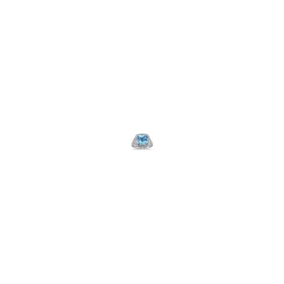 Make a royal statement with this striking blue topaz and diamond ring. Fashioned in lustrous sterling silver, this ravishing piece showcases a stunning 10x10mm cushion-cut blue topaz center stone embellished by 12 (.05twt) gleaming single-cut diamonds bea