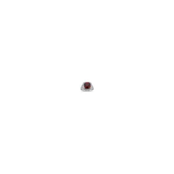 Make a royal statement with this striking garnet and diamond ring. Fashioned in lustrous sterling silver, this ravishing piece showcases a stunning 10x10mm cushion-cut garnet center stone embellished by 12 (.05twt) gleaming single-cut diamonds beautifully