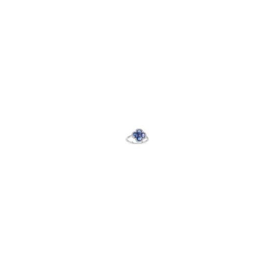 Unleash your inner royalty with our 14k white gold diamond & blue sapphire clover ring. Featuring a captivating array of round-cut diamonds haloing oval sapphires that surround an exquisite central princess cut sapphire forming a graceful clover shape. Th