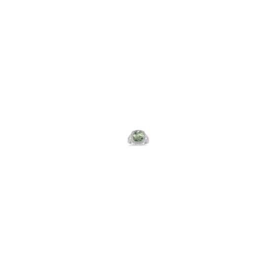 Crafted in luminous sterling silver, this bold and beautiful ring features a centrally staged cushion-cut green amethyst gracefully complemented by 18 sparkling single-cut diamonds in a pav setting. Total diamond weight is 1/20 ctw, and the green amethyst