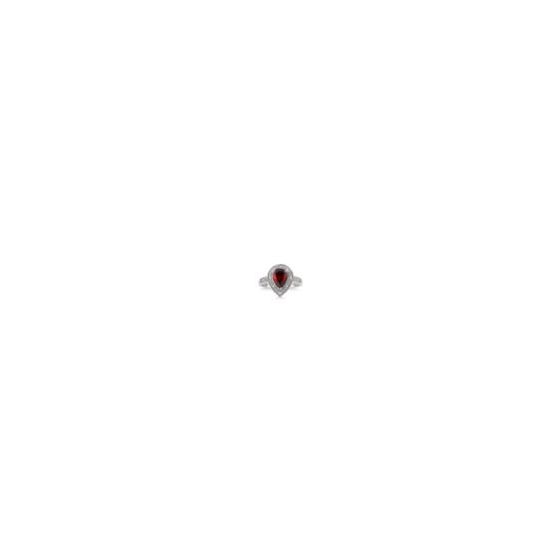 Keep life colorful with the happy hue and standout style of this beautiful ring featuring an exceptional 10x7mm pear-shaped garnet surrounded by a halo of .10twt round diamonds. The delicate milgrain borders of the ring enhance the antique charm of the pi