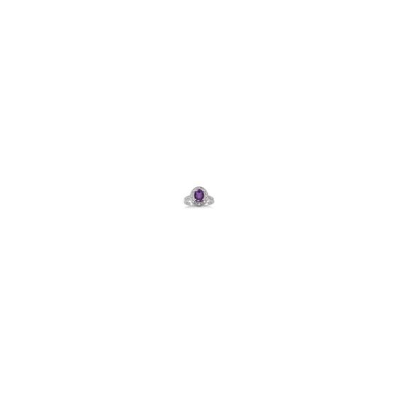 Make a royal statement with this striking pendant necklace that features a passionately purple 8x6mm oval amethyst surrounded by a halo of .10twt round diamonds set in sterling silver. Available in whole sizes 6-9.