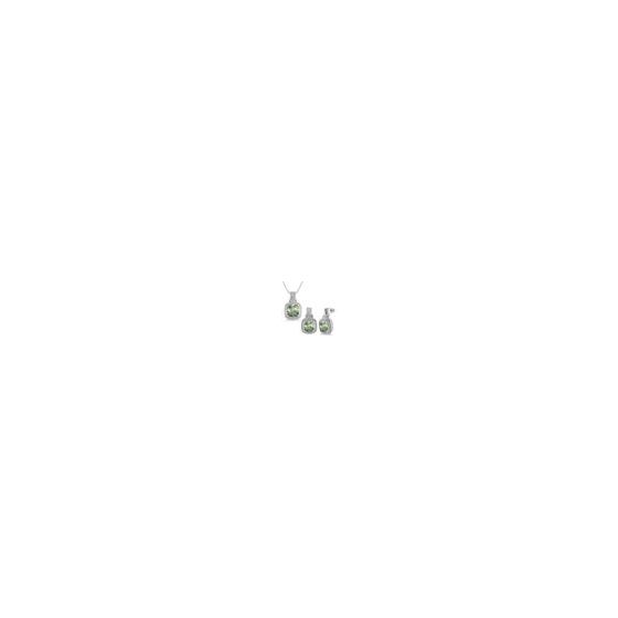 Glamorous and bold. Crafted in luminous sterling silver, this green amethyst and diamond earring and necklace set features centrally staged cushion-cut green amethysts gracefully complemented by .10twt sparkling sapphire-cut diamonds in pav setting. The g