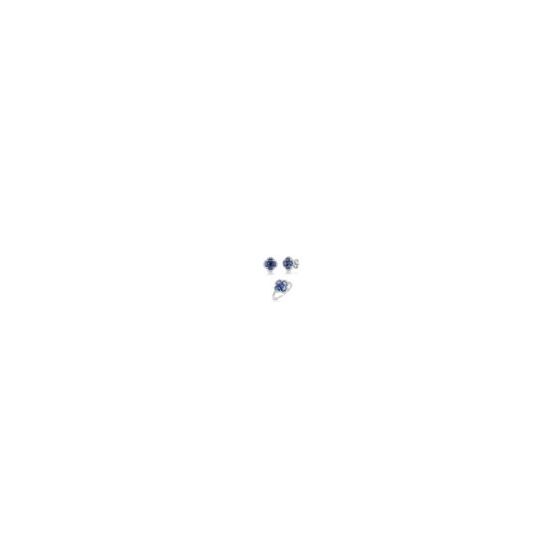 Unleash your inner royalty with our 14k white gold diamond & blue sapphire clover stud earrings and ring. Featuring a captivating array of round-cut diamonds and exquisite central princess cut sapphires, each surrounded by oval sapphires forming a gracefu