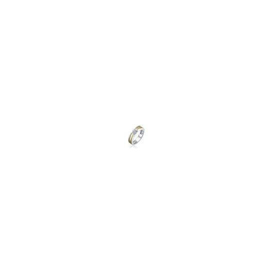 Two-tone with Clear Cubic Zirconia Band Ring. This beautiful ring elevates your style with this elegant Two-Tone Ring, featuring a brilliant round clear cubic zirconia at its center. The band features a blend of polished silver and warm gold tones, creati