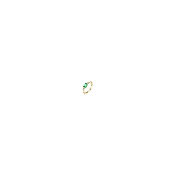 14K Gold Plated with Green & Clear Cubic Zirconia Three Stone Ring. This beautiful ring adds a regal touch to your look. Featuring a vibrant princess-cut green cubic zirconia at the center, flanked by two clear stones, it radiates elegance and charm. The 