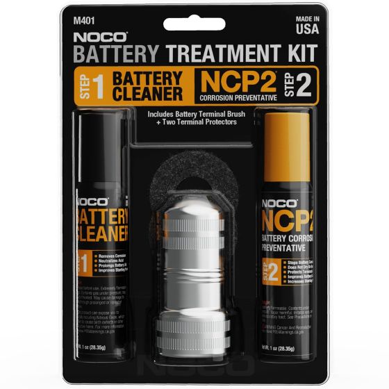 The M401 Battery Treatment Kit is perfect for removing battery corrosion and preventing corrosion build-up. Its comes complete with a 1oz aerosol can of Battery Cleaner, a 1oz aerosol can of NCP2 Battery Corrosion Preventative, a Battery Terminal Brush, a
