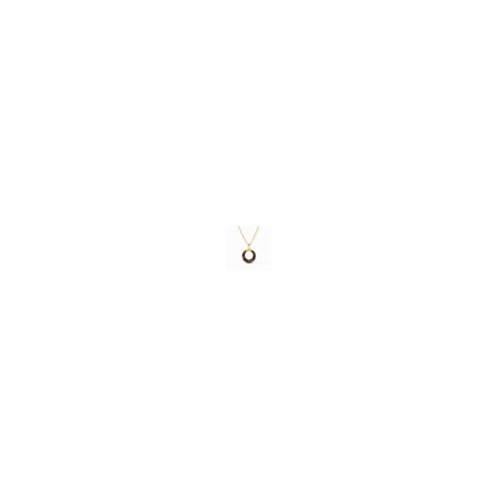A finely polished transparent loop pendant with banded detail sways from a golden rolo chain.  24K gold plate, polished acrylic. Length: 36 inches or 18 inches doubled. Closes with spring clasp.
