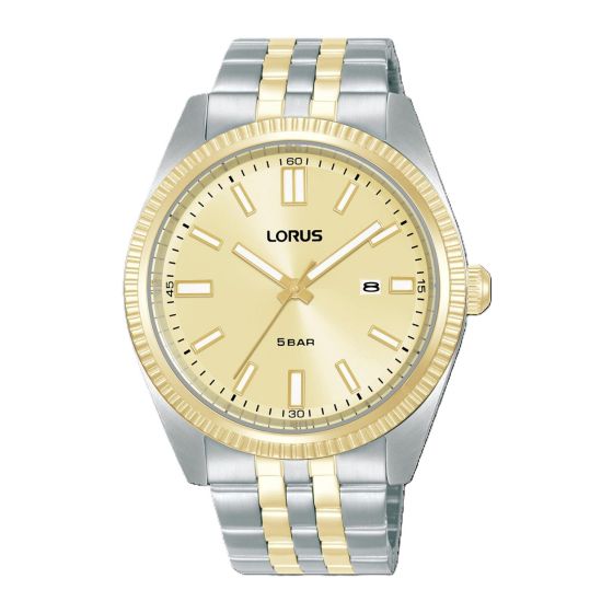 Two-tone stainless steel 5-link bracelet bezel and case. Gold-tone dial with hour markers and three hands. Day of the month calendar at the 3 position. Mineral crystal dial window. Quartz movement. Approximate 3-year battery life. Case size: 30mm. Water r