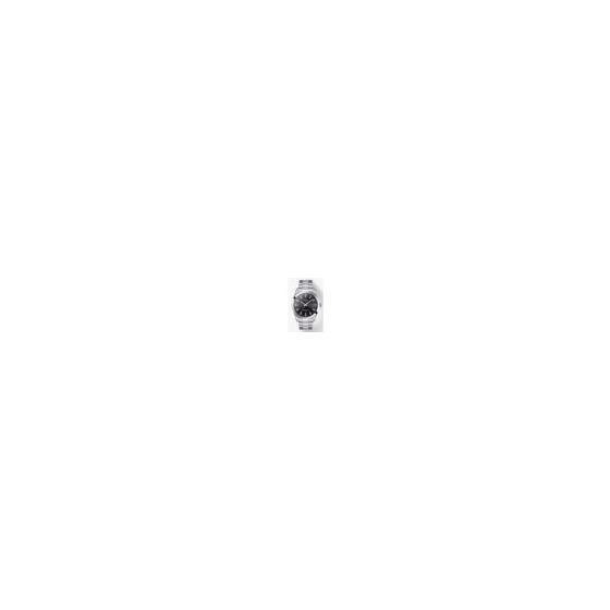 Men's automatic watch with a 40mm stainless steel case. The black dial features applied index hour markers and silver-tone hands, paired with a date display at the 3 o'clock position for everyday practicality. Set on a stainless steel bracelet with a fold