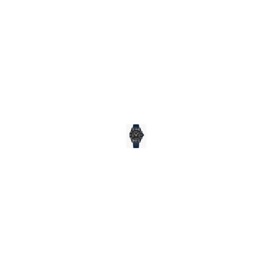 Men's watch with a 44mm ultra-light Breitlight black case. Set on a blue rubber strap. Black chronograph dial with blue accents and date display. The dial is protected by scratch resistant sapphire crystal. Water resistant to 100 meters. Powered by a Swis