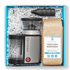 Welcome Home Coffee Gift Basket - Includes: BREMEN BURR Electric Coffee Grinder, EZ Milk Frother, 1lb Costa Rica Rainforest Coffee Beans