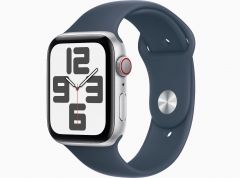 Apple Watch SE GPS + Cellular 44mm Silver Aluminum Case with Storm Blue Sport Band - S/M