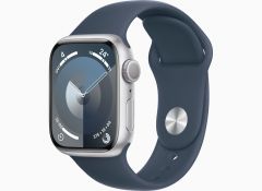 Apple Watch Series 9 GPS 41mm Silver Aluminum Case with Storm Blue Sport Band - S/M