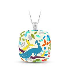 Belle Etoile Round Cubic Zirconia Multi Enamel Peacock Paradise Pendant - 925 SS with chain