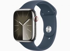 Apple Watch Series 9 GPS + Cellular 45mm Silver Stainless Steel Case with Storm Blue Sport Band - S/M