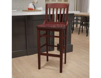 School House Back Mahogany Wood Restaurant Barstool with Footrest