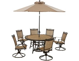 Fontana 7-Piece Outdoor Dining Set with 6 Sling Swivel Rockers, 60-in. Tile-Top Table, and 9-ft. Umb