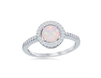 Sterling Silver Round White Opal with CZ Halo Ring.  Size 6