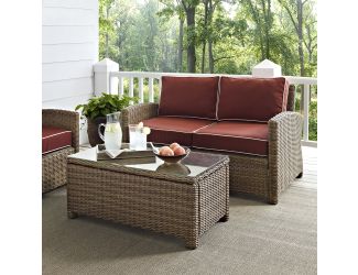 Bradenton 2 Piece Outdoor Wicker Seating Set with Sangria Cushions - Loveseat & Glass Top Table