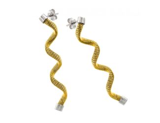 PARIKHS Rhodium and Gold Plated Long Spiral Dangling Stud Earring in 925 Sterling Silver