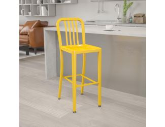 30" High Yellow Metal Indoor-Outdoor Barstool with Vertical Slat Back