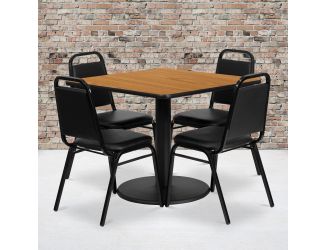 36" Square Natural Laminate Table with Round Base and 4 Black Banquet Chairs