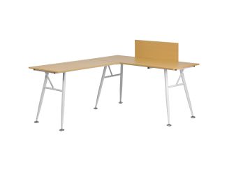 Beech Laminate L-Shape Computer Desk with Privacy Board & White Metal Frame
