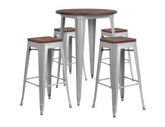 30" Round Silver Metal Bar Table Set with Wood Top and 4 Backless Stools
