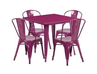 31.5" Square Purple Metal Indoor-Outdoor Table Set with 4 Stack Chairs