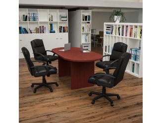 5 Piece Cherry Oval Conference Table with 4 Black LeatherSoft-Padded Chairs