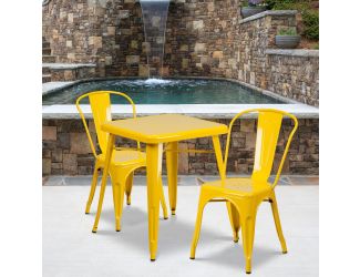 23.75" Square Yellow Metal Indoor-Outdoor Table Set with 2 Stack Chairs