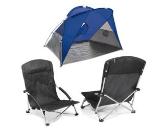 2 Tranquility Chairs Black w/ Portable Beach Tent Blue