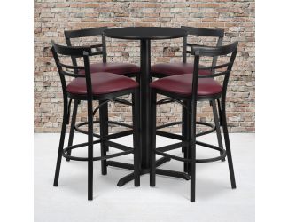 24" Round Black Laminate Table with X-Base & 4 Metal Vinyl Seat Barstools