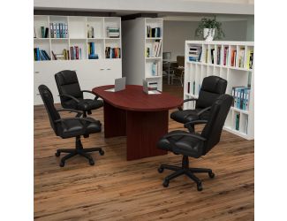 5 Piece Mahogany Oval Conference Table with 4 Black LeatherSoft-Padded Chairs