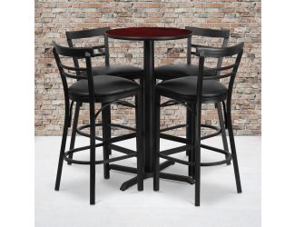 24" Round Mahogany Laminate Table with X-Base & 4 Metal Vinyl Seat Barstools