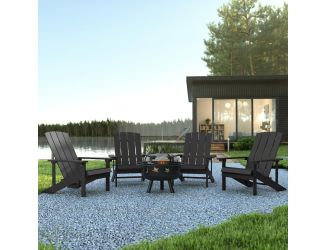 Star & Moon Fire Pit with Mesh Cover & 4 Slate Gray Poly Resin Adirondack Chairs