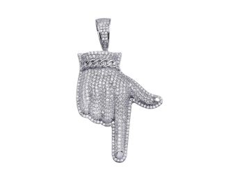 PARIKHS Men's Rhodium Plated CZ Pointed Finger Hip Hop Pendant with chain in 925 Sterling Silver