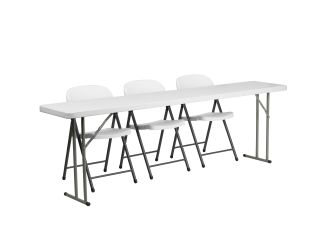8-Foot Plastic Folding Training Table Set with 3 White Plastic Folding Chairs