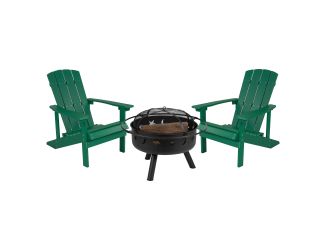 3pc Charlestown Adirondack Chair & Fire Pit Set: Green